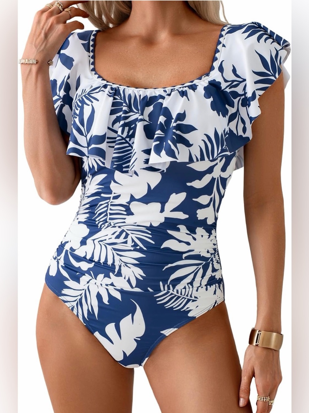 One Piece Swimsuit Ruffle Off Shoulder Bathing Suit for Women
Ruched Tummy Contr